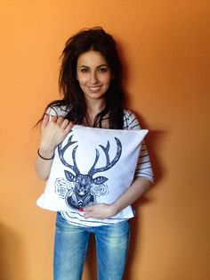 Yelena York Tonoyan Holding Her Deer Artwork Pillow
