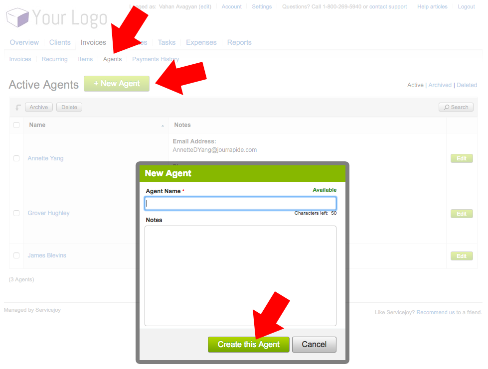 Now, navigate to newly enabled "Agents" area (Invoices > Agents) and start creating agents.