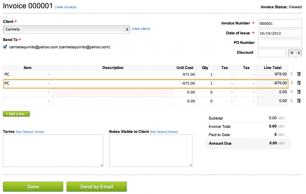 The invoice now includes an item with a unit cost that brings down the invoice total.