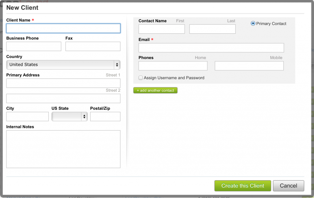 Populate the fields as needed. "Client Name" and "Email" are required.
