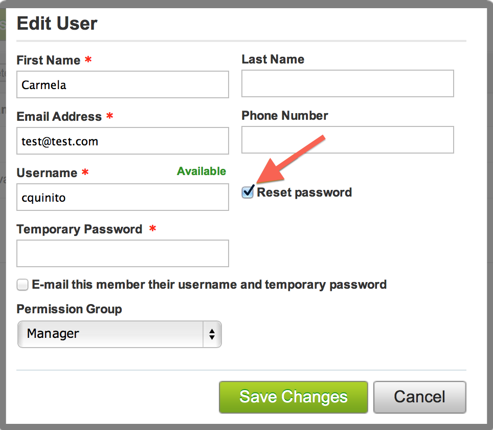 On the Edit User window, check the "Reset password" checkbox.