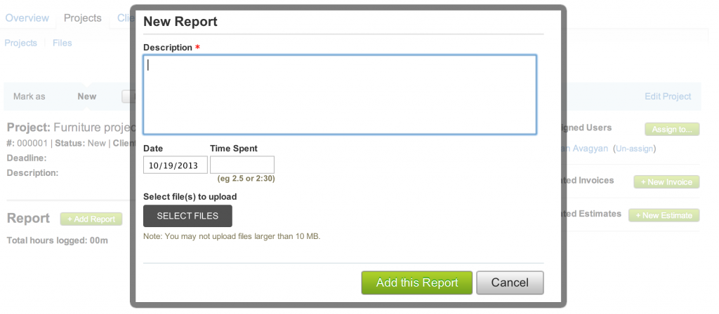 Populate the "Description" field with details on the job report; this field is required.